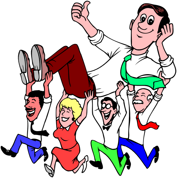 The cartoon depicts a group of five animated characters celebrating with their arms raised high above them; there is no text present in this image.