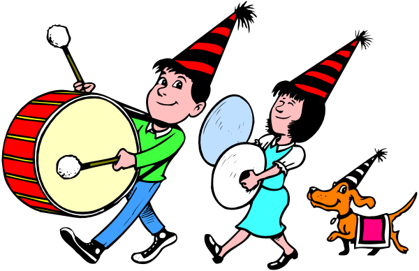 The illustration shows a cartoon of three children playing musical instruments: on the left is an accordion player with his hands holding it; in the middle stands another child wearing party hats who appears to be blowing into something, possibly a trumpet or similar instrument; and on the right side there's a dog sitting next to what looks like a drum. The background suggests they are outdoors at nighttime under dark skies with stars visible above them.