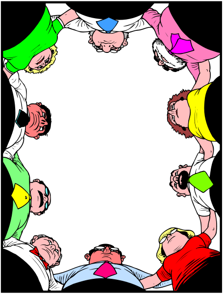 The image shows a group of cartoon characters standing around each other with their hands joined together to form an interconnected circle; there is no text present in this clip-art illustration.