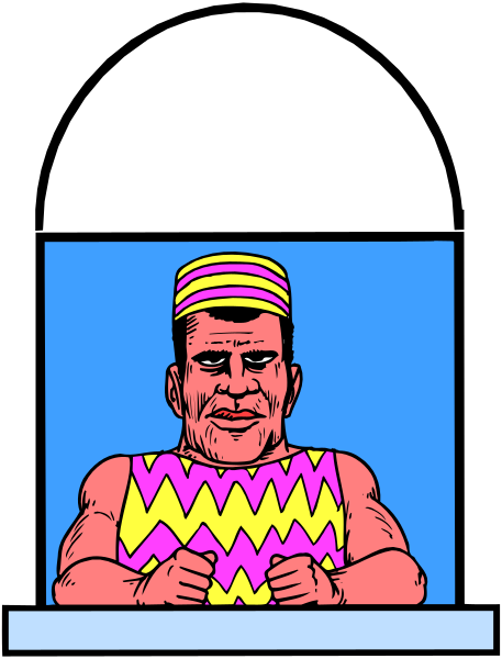 The cartoon shows a man with exaggerated muscles sitting at a table wearing an oversized yellow tie adorned with black polka dots.