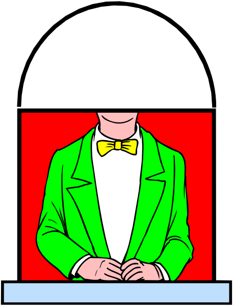 The image shows a cartoon of an animated character wearing green clothing standing behind a podium with their hands clasped together in front of them on what appears to be a stage set against a red background.