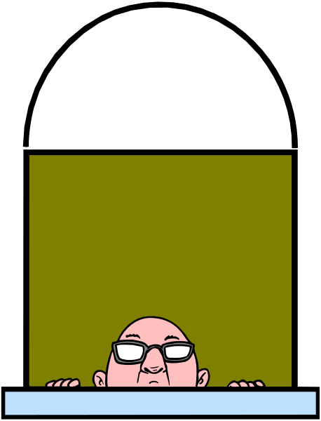 The cartoon shows a man peeking out from behind an open window with his head sticking through it while looking down at something below him on what appears to be a city street level.