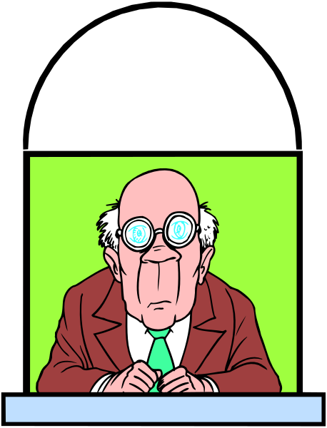 The cartoon shows a man with glasses sitting at a desk wearing an old suit; he is balding on top of his head but has full hair around the sides. He's holding up one finger as if to make a point, and there appears to be something green in front of him that could possibly represent money or some other object. The background suggests this scene might take place at an office desk with papers scattered about.