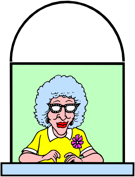 The cartoon shows a woman with glasses sitting at an office desk behind a computer monitor displaying text that reads "Hello World!" She is wearing a yellow shirt and has short hair.