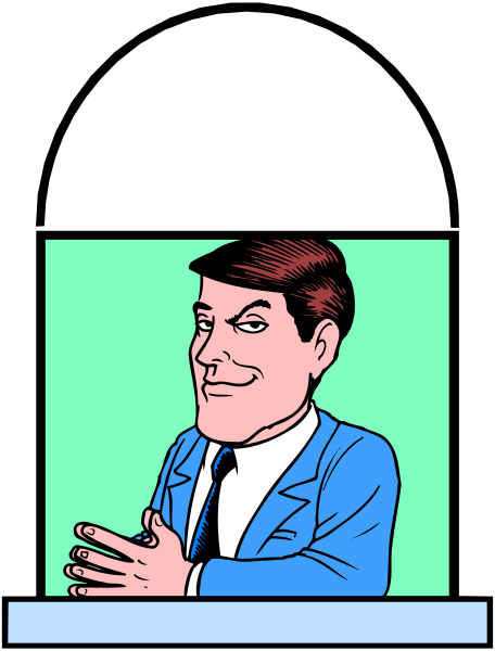 The image shows a cartoon of an animated man sitting at a desk with his hands clasped together on top of it; he is wearing glasses and has dark hair. Behind him stands another figure that appears to be a woman, also in animation form, who seems surprised or shocked by the situation depicted above them.