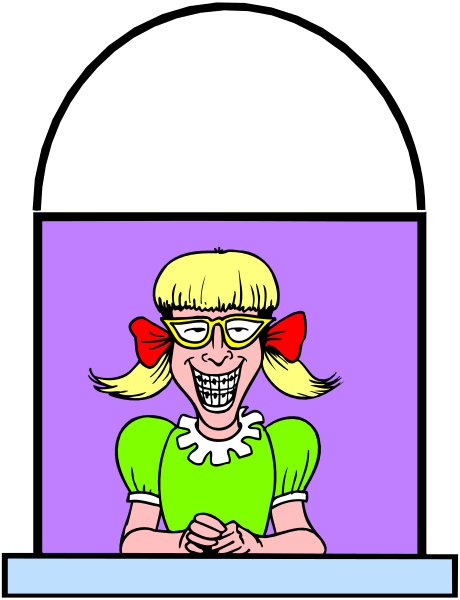 The cartoon shows a woman with glasses sitting at an office desk behind a counter labeled "Candy Store." She is wearing a green dress and has blonde hair tied in pigtails. Her mouth appears to be open as if she's speaking, but no words can be seen on the image.