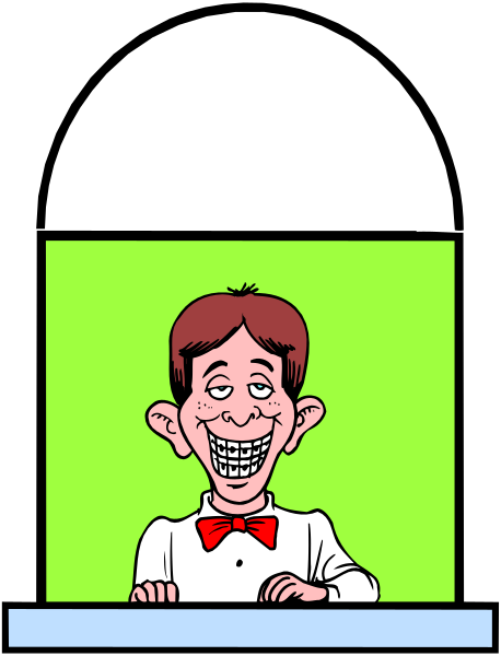 The cartoon shows a man with an exaggeratedly large head sitting at a desk behind a counter labeled "CASHIER." He is wearing glasses and has his hands on top of each other in front of him, smiling broadly as he looks directly into the camera.