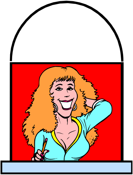 The image shows a cartoon of an animated woman with long hair standing behind a countertop displaying various items for sale in what appears to be a storefront window.