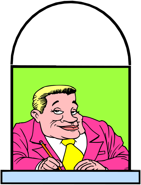 The cartoon shows a man sitting at his desk with papers spread out before him; he is wearing glasses and has blonde hair. He appears to be in deep thought as he looks downward towards some notes on paper, which seem important for whatever task he's working on or about to discuss.