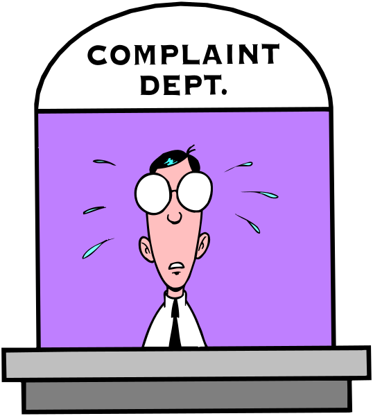 The cartoon shows a man with glasses looking distressed behind an information counter labeled "COMPLAINT DEPT."