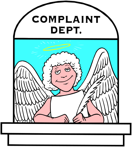 The illustration shows a cartoon of an angel with wings standing next to text that reads "COMPLAINT DEPT."
