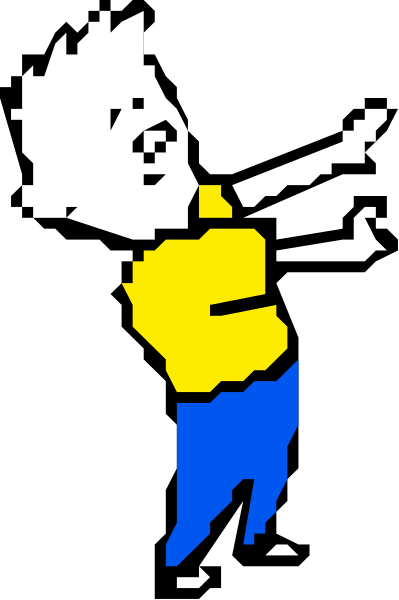 The image shows a pixelated cartoon of an animated character who appears to be dancing with their arms outstretched against a dark background.