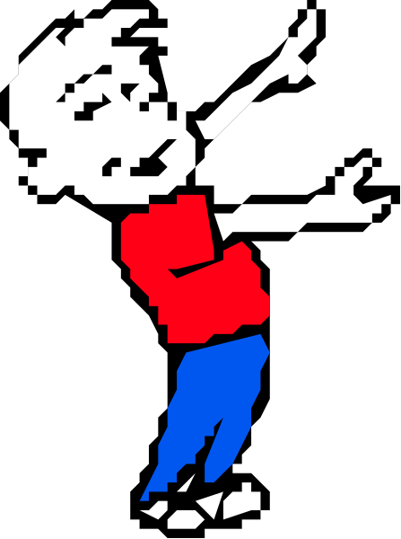 The image shows a cartoon of an animated boy with his arms outstretched as if dancing; he is wearing red shorts and has short hair.