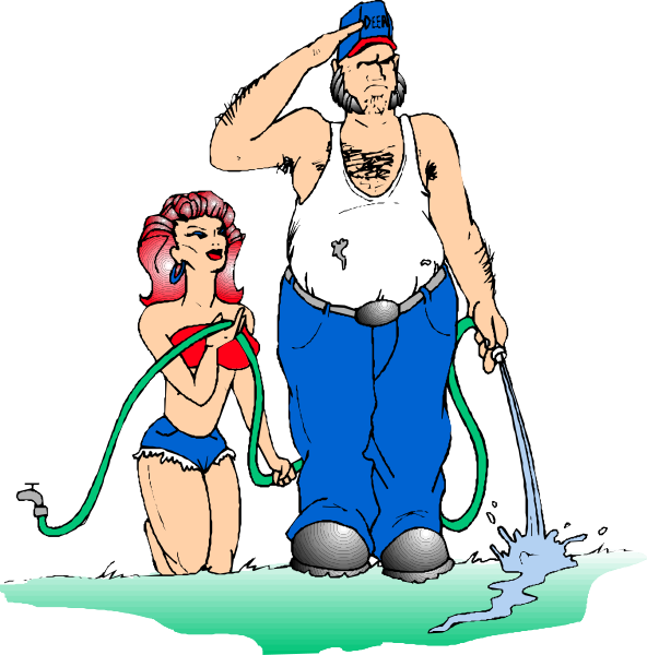 The cartoon shows a man holding two hoses connected to each other while standing next to an animated woman who is looking at him with interest; both characters appear in front of what seems like water spilling from one end, and there's another character nearby observing them.