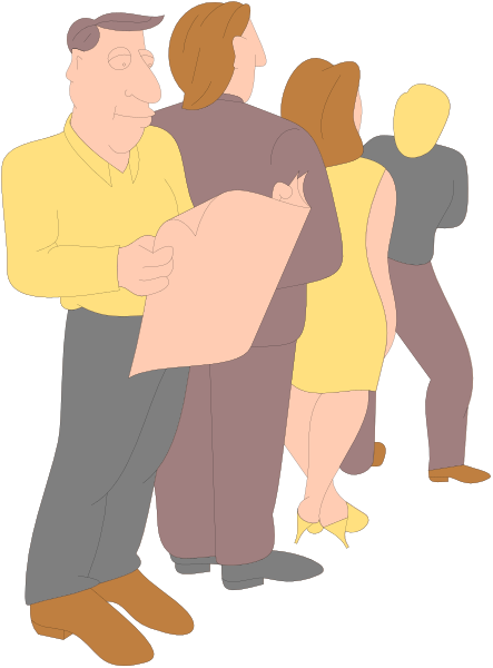 The illustration shows a group of four adults standing together on an outdoor sidewalk; two men stand facing each other while looking at papers in their hands, one woman stands behind them with her back to us, also holding paperwork and seemingly engaged in conversation, and another man is partially visible from the waist up. They are dressed casually and appear to be waiting or discussing something related to documents they're handling; there isn't any text present on this image that provides additional context about their activity or location.