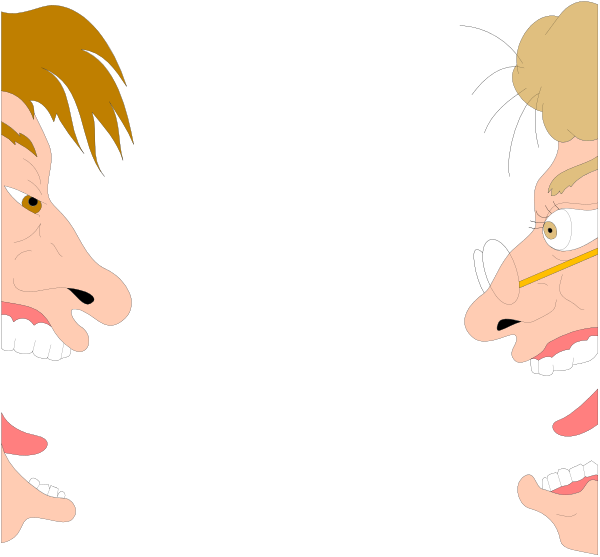 The image shows a split screen with two animated characters on each side facing towards each other; both appear to be male figures in mid-conversation, one is wearing glasses while the other has short hair. They seem surprised and their mouths are open as if speaking or reacting strongly during an argument.