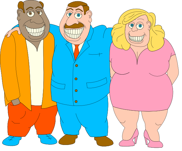 The cartoon shows four animated characters standing side by side: a man with glasses wearing an orange suit on his left; in the middle is another character who appears to be female based on clothing but has no distinguishable features, dressed in pink and blue striped pants; next to her stands a woman with blonde hair, also without any distinctive facial or body characteristics, clad entirely in red from head to toe. On the far right side of this group is another man wearing an orange suit similar to that on the left character's attire but has no visible face due to his back being