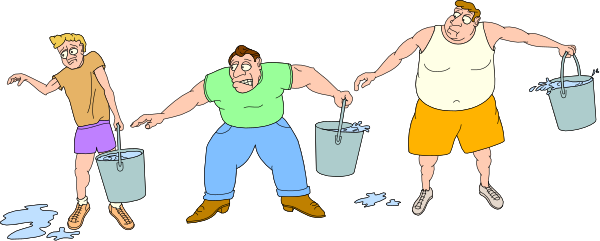 The cartoon shows four characters standing side by side with their backs to each other; from left to right: a man holding two buckets of water over his head as if pouring them out onto himself, another character who appears to be in mid-motion or dancing while also carrying multiple items on both arms and legs, the third is bending forward slightly at waist level with hands clasped together under chin, seemingly contemplating something, and finally a man standing upright holding two buckets of water over his head as if pouring them out onto himself. The characters are depicted in an exagger