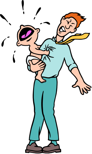 The image shows a cartoon of an adult holding a baby with exaggerated expressions; both characters appear surprised or shocked against a black background.