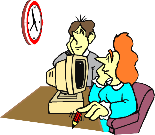 The cartoon shows a man sitting at his desk with an old computer monitor on it next to him; he is looking up from what appears to be typing into the keyboard while holding onto something in front of him, possibly papers or documents. Next to him sits another person who seems surprised and looks towards their left as if reacting to someone off-screen. The setting includes a desk with various items on it like pens and books; there is also an analog clock hanging above them that reads "12:05."
