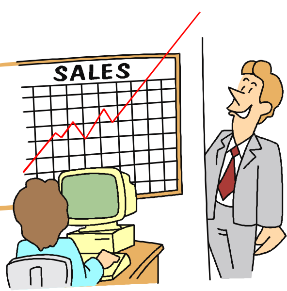 The cartoon shows a man standing at an office desk with graphs on it; he is looking upwards towards another figure who appears to be in mid-air above him. Below them both, there's a woman sitting and working on her computer while observing this interaction between two figures.
