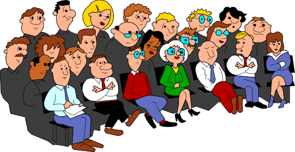 The cartoon shows a group of animated characters sitting on chairs facing each other; there is no text present within this image.