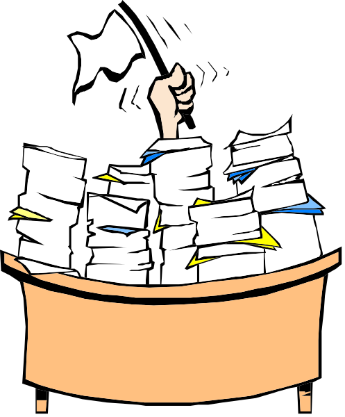 The cartoon shows a person's hand reaching into an overflowing basket filled with papers that have been thrown out of it onto the floor behind them; there is no text present in this image.
