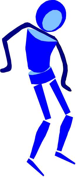 The image shows a blue stick figure of an animated character standing against a gray background with its arms outstretched as if it's dancing or performing some action on a stage-like platform.
