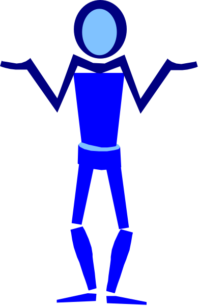 The image shows a blue stick figure standing with its arms outstretched against a gray background.