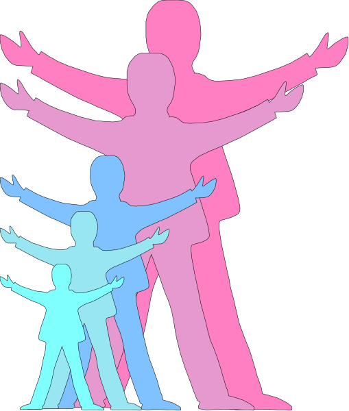 The image shows a colorful silhouette of three figures standing side by side with their arms outstretched as if in celebration; to the left is an adult figure, followed by two child-like ones on either end.