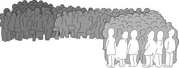The black and white silhouette of a crowd standing together with some individuals facing different directions against an indistinct background.
