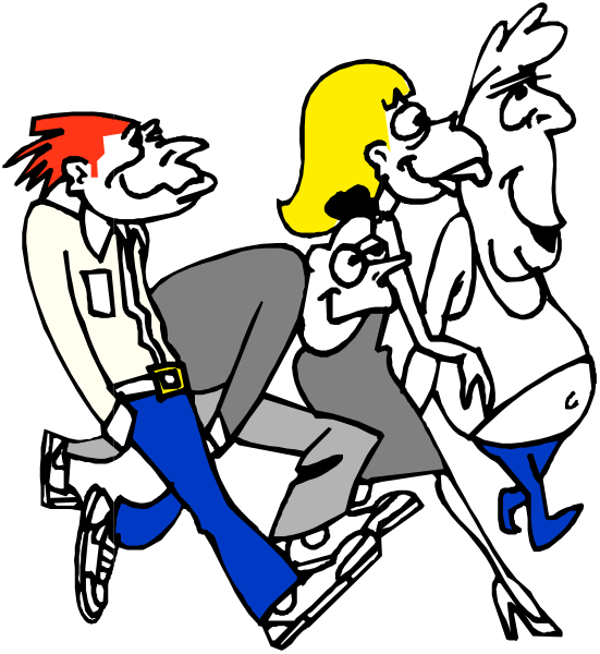 The black and white cartoon shows three animated characters: a man on skis with his arms outstretched for balance; another person in front of him who appears to be running towards something off-frame; and behind them, there's an adult woman walking away from both figures while looking back. They are all depicted against the dark background which contrasts their lighter forms.