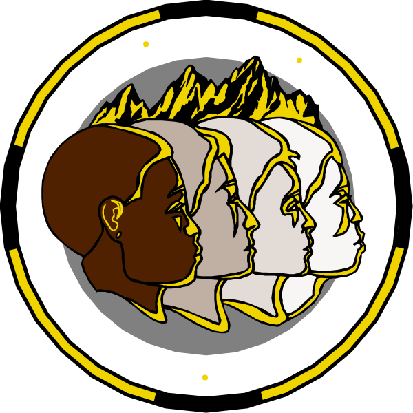 The image shows a circular emblem with four human faces arranged around it; each face is stylized to represent different ethnicities: one white male profile on top left, two black males in profiles facing right next to an indigenous person's head and shoulders at bottom center, all set against the backdrop of mountains.