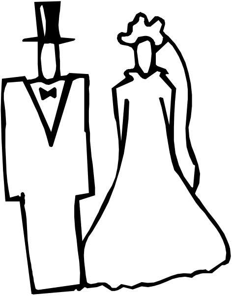 The black and white silhouette of a bride and groom standing together with their backs to each other against an unseen background.