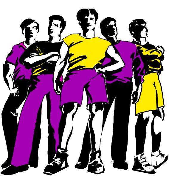 The image shows a group of five cartoon characters dressed in colorful clothing with purple pants on two figures; three appear to be dancing while one is standing still against them all. They seem to be engaged in an animated, joyous activity together.