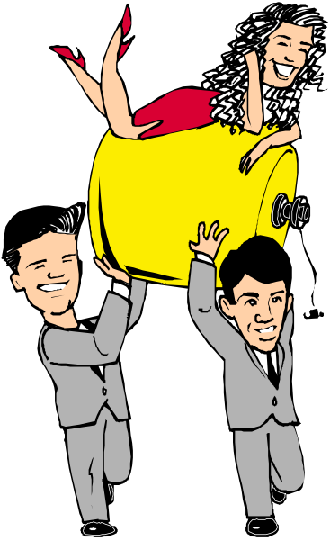 The cartoon shows three men standing next to each other with a woman on their shoulders; she is holding onto an oversized yellow purse that has legs sticking out of it like human-like appendages.