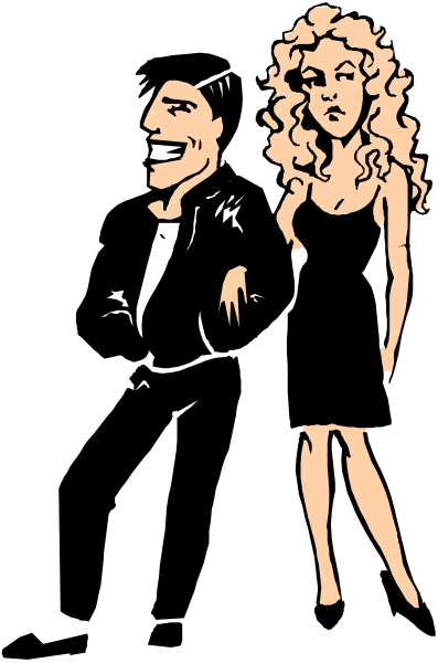 The black and white illustration shows two animated characters standing side by side; on the left is a man with dark hair wearing glasses and dressed in formal attire including a suit jacket over his shoulder, while to his right stands an adult female character also formally dressed but without any visible facial features or accessories. They are set against what appears to be a plain background that does not provide additional context about their location within the image itself.