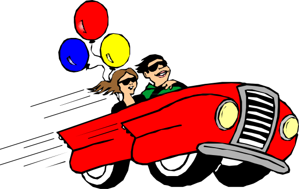 The image shows a cartoon of two adults sitting inside an old red car with balloons tied to it; there is no text present in this clip-art illustration.