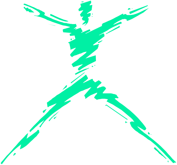 The image shows a stylized graphic of an abstract figure resembling a person with outstretched arms against a black background; it is rendered in neon green lines on what appears to be a dark surface, possibly representing movement or dance due to its dynamic pose and color choice.