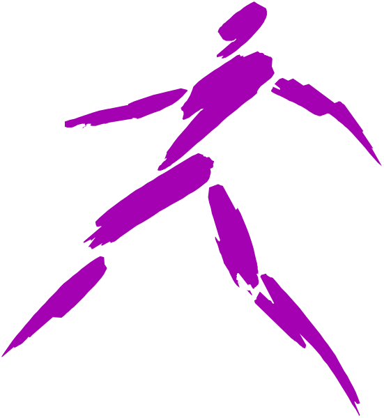 The image shows a purple silhouette of an abstract human figure walking on what appears to be a pathway with two legs visible against a dark background.
