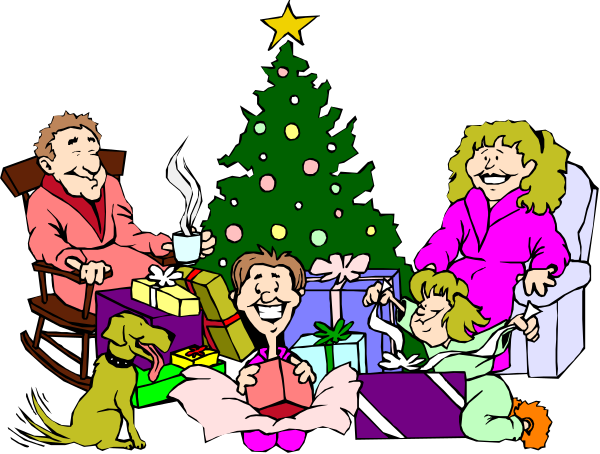 The illustration depicts a family of four sitting around a Christmas tree with presents under it; there is also an animated dog in front of them looking at something off-frame to their left side.