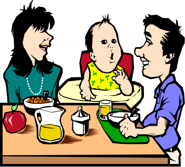 The illustration depicts a family of four sitting around a dining table with food items such as bowls containing cereal, applesauce in bottles, cups for drinks, spoons on plates, and an apple placed near one end of the table.