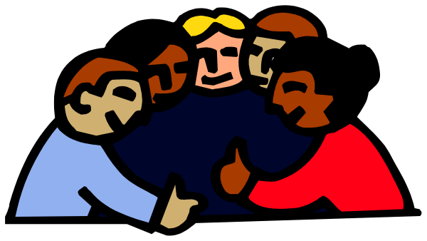 The image shows a group of four cartoon characters with exaggerated facial expressions huddled together as if sharing something secretive; one character is pointing towards them while another appears to be speaking into their ear.