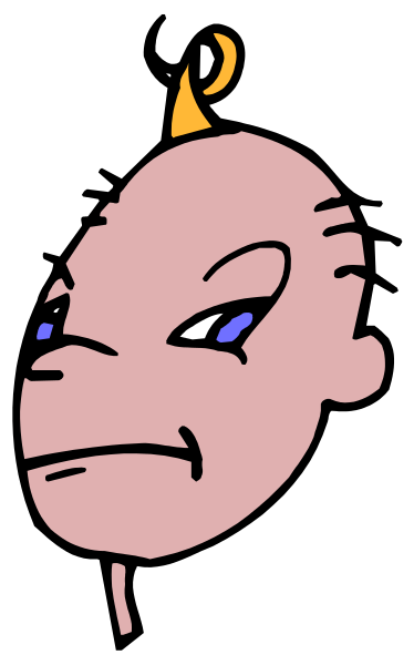 The image shows a cartoon of an alien with blue hair peeking out from behind vertical black bars against a gray background.