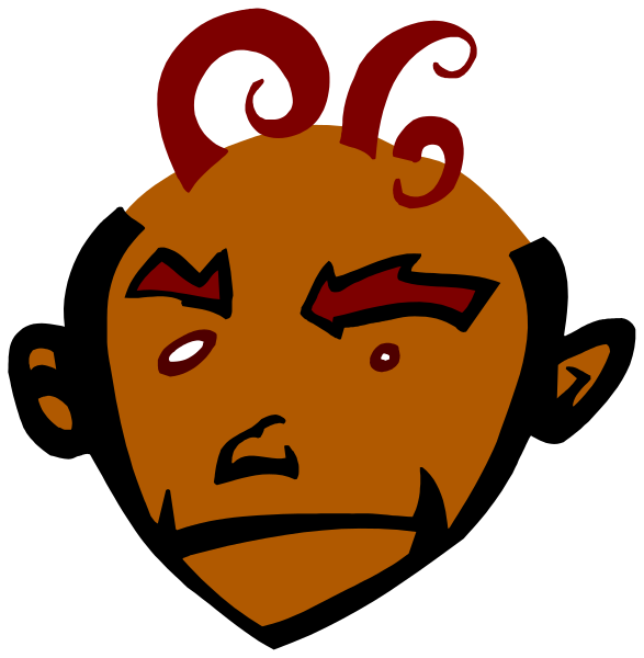 The image shows a stylized cartoon character with red hair and an angry expression looking to its left side of the frame.
