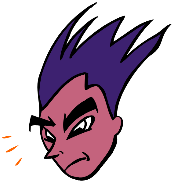 The image shows a cartoon of an animated character with purple hair that has spiked upwards on both sides, wearing what appears to be sunglasses over their eyes, giving off a cool vibe.