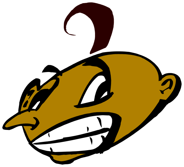 The image shows a cartoon of an animated character with exaggerated facial features such as large eyes and teeth, depicted against a black background.