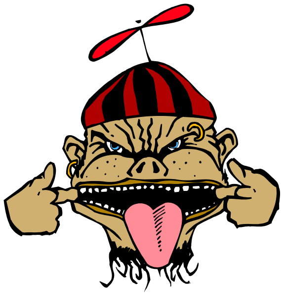 The image shows a cartoon of two characters: on top, there's an animated character with exaggerated facial features making a funny face; below it is another figure that appears to be pointing at its own mouth and tongue in surprise or shock. Both figures have stylized haircuts resembling flames, suggesting they might represent firefighters due to the iconography commonly associated with this hairstyle. The background of both images is black, which contrasts sharply against their white outlines.