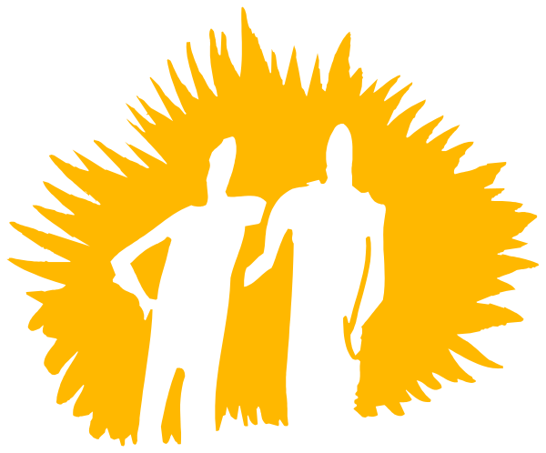 The black and white silhouette of two figures standing side by side with a sunburst behind them on what appears to be an outdoor surface at nighttime.