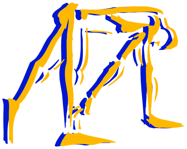 The black and white silhouette of a person doing an exercise routine on their knees with weights around them.